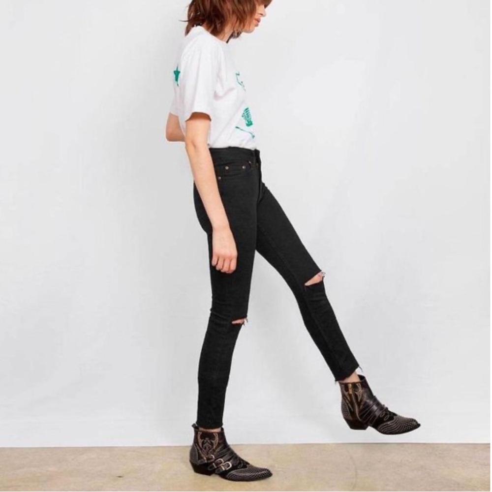 Anine Bing Distressed Brodie Crop Raw Hem Jeans in Washed Black Size 25